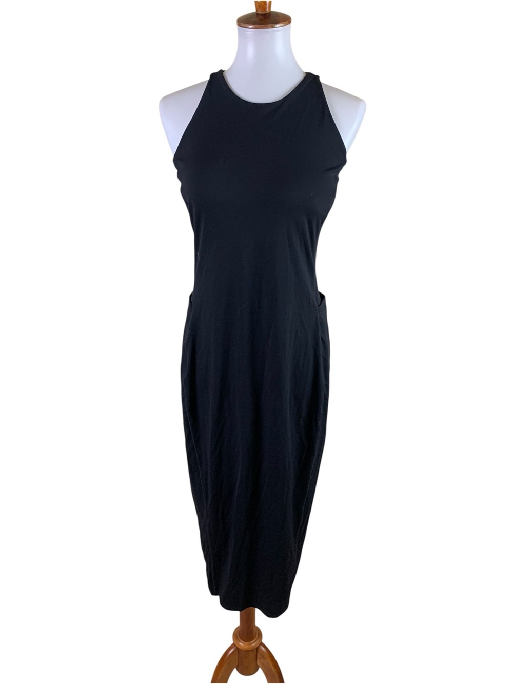 FLX Black Sleeveless Midi Dress M Urban Commuter Stretch Athleisure Pockets